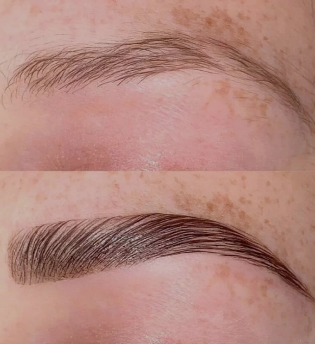 Before and after: One brow, before on top and after below, brow lamination
