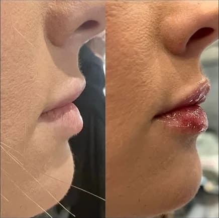 Before and after: Lips in profile, before left and after right, lip filler