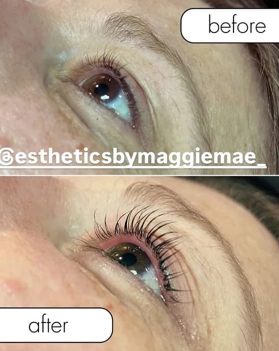 Before and after: One eye, before on top and after below, lash lift and tint