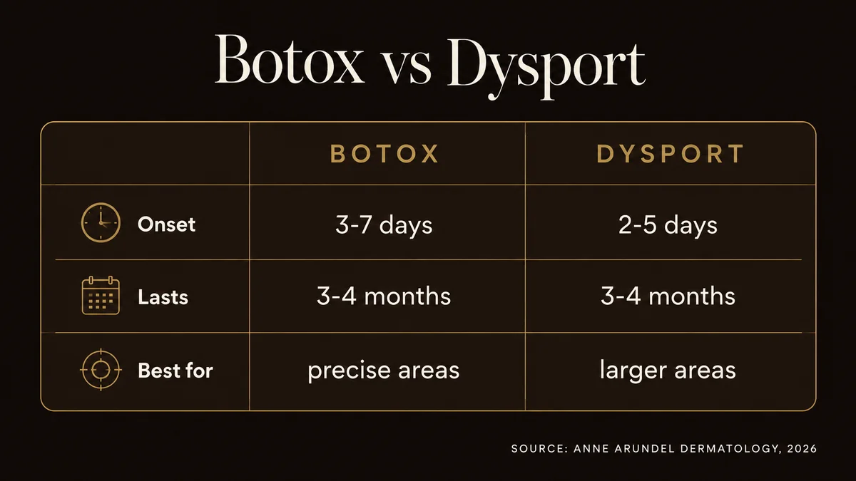 Comparison card showing Botox and Dysport onset, duration, and best treatment areas