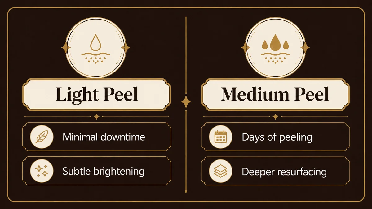 Light peel versus medium peel: light means minimal downtime and subtle brightening, medium means days of peeling and deeper resurfacing