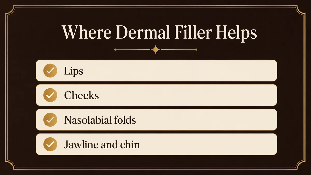Where dermal filler helps: lips, cheeks, nasolabial folds, and the jawline and chin