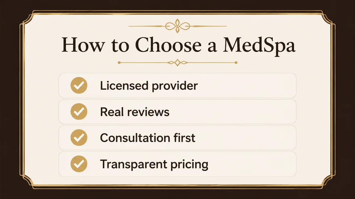 Checklist for choosing a medspa: licensed provider, real reviews, consultation first, and transparent pricing