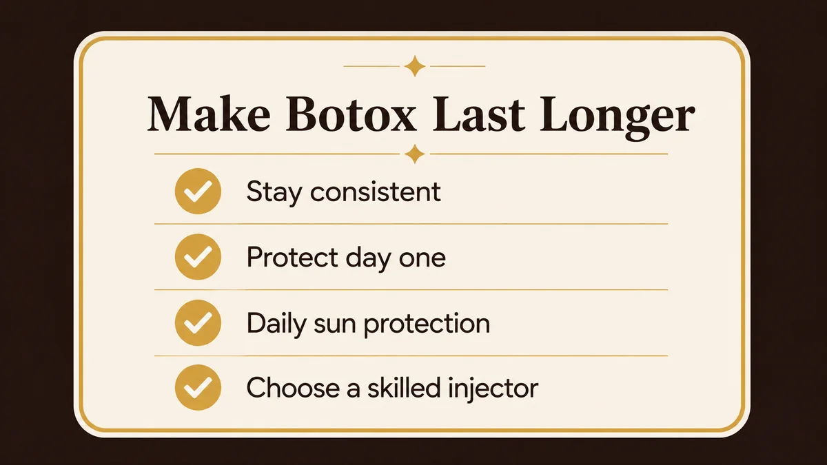 Checklist of four habits that help Botox results last longer: stay consistent, protect day one, daily sun protection, and choose a skilled injector