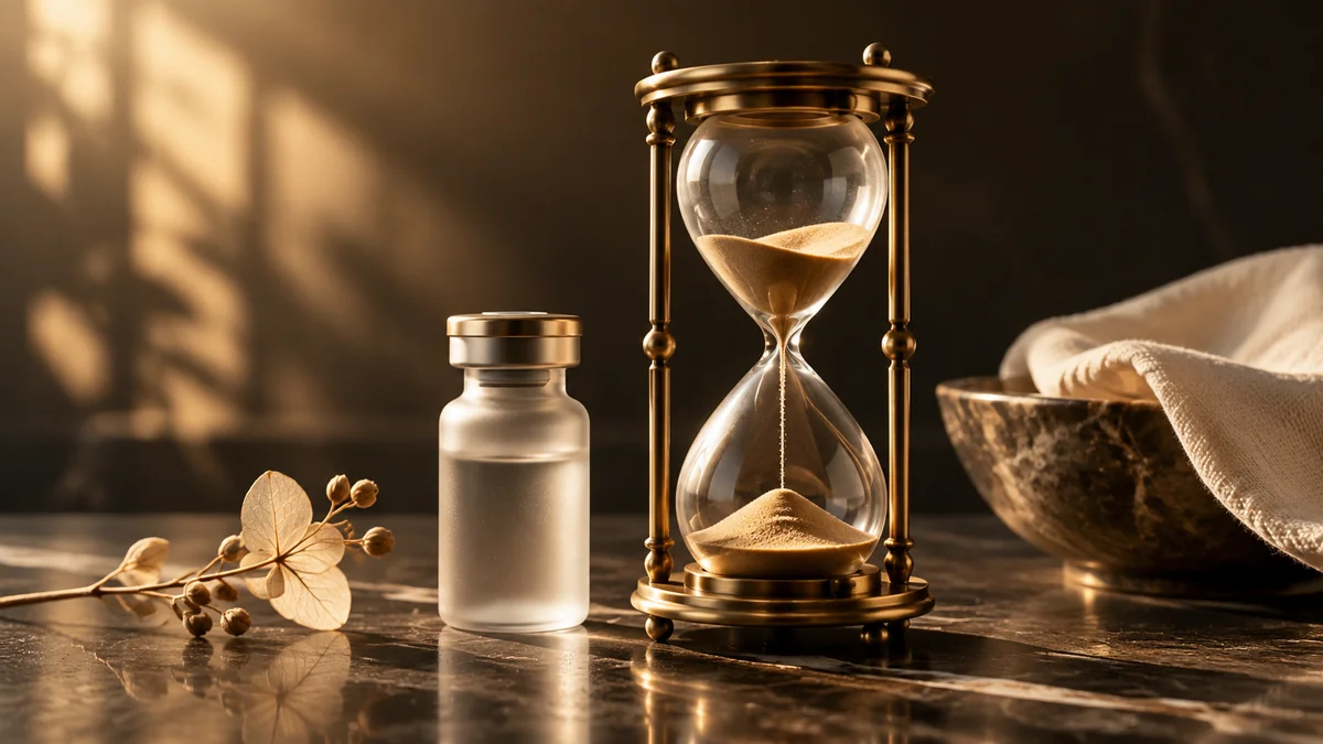Brass hourglass and frosted glass vial in warm gold light on dark stone, representing making Botox results last longer at Just Face It MedSpa in St. Clair, MO