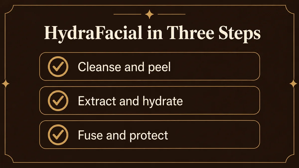 The three HydraFacial steps: cleanse and peel, extract and hydrate, then fuse and protect