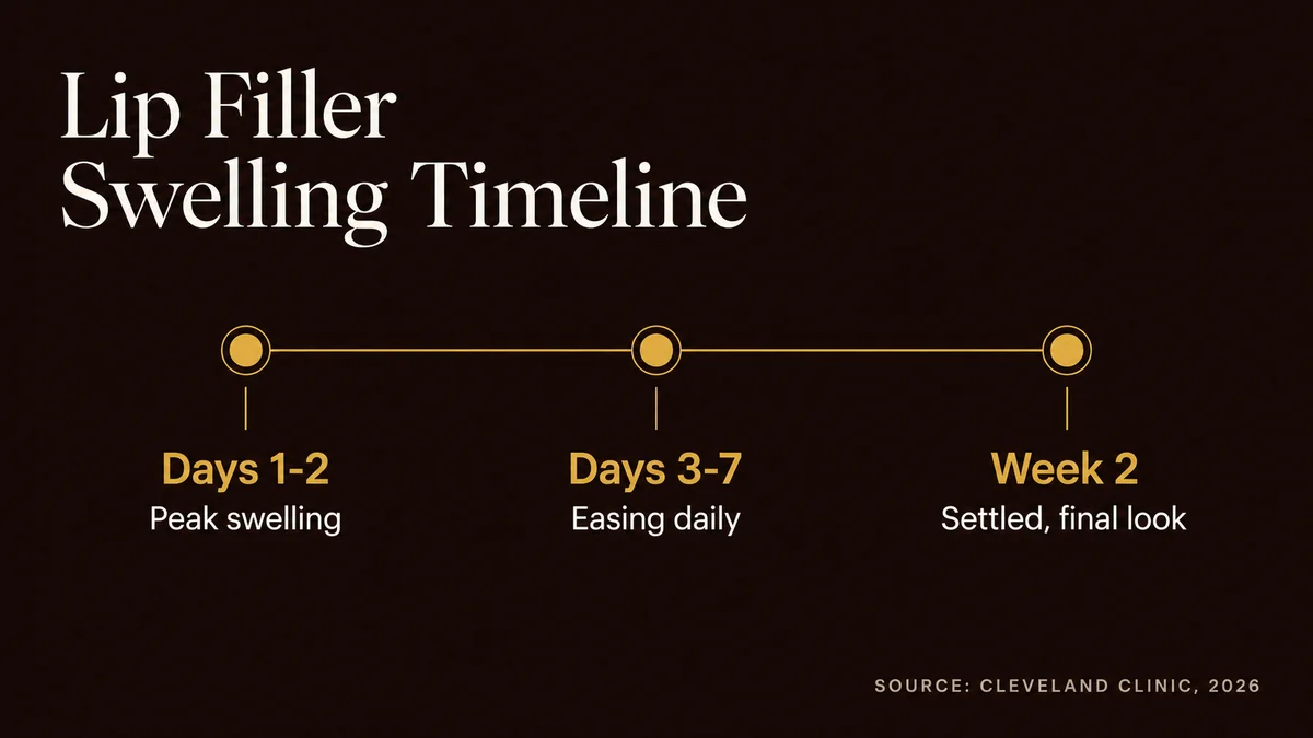Timeline showing lip filler swelling peaking on days 1 to 2, easing over days 3 to 7, and settling by week 2