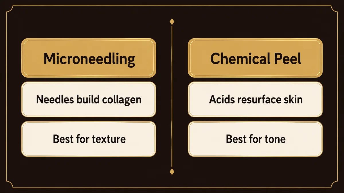 Comparison card showing microneedling versus chemical peel by how each works and what each is best for