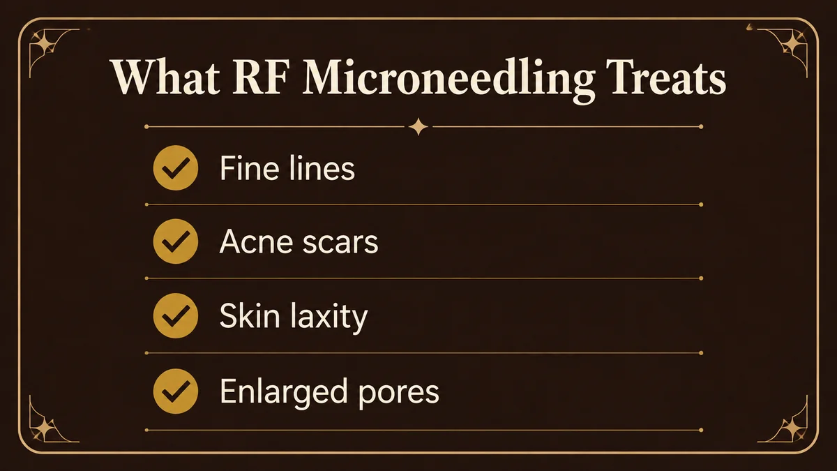 What RF microneedling treats: fine lines, acne scars, skin laxity, and enlarged pores