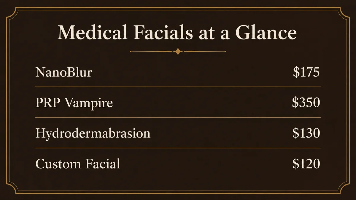 Medical facial menu at a glance: NanoBlur $175, PRP Vampire $350, Hydrodermabrasion $130, and Custom Facial $120