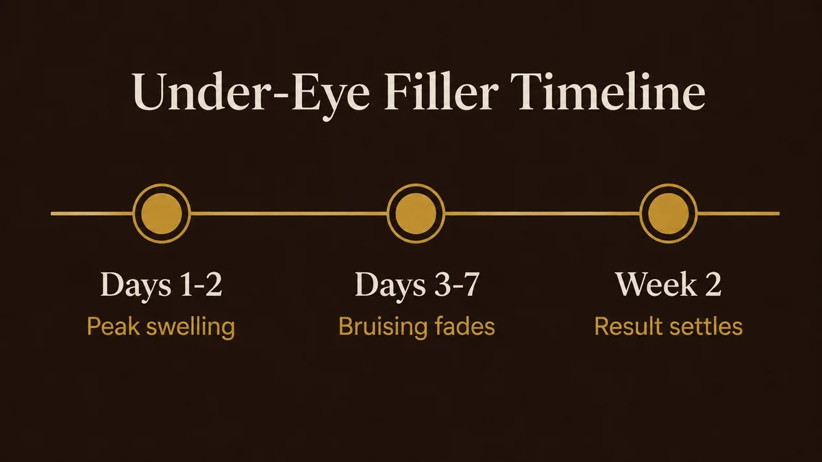 Timeline showing under-eye filler swelling peaking in the first 48 hours, bruising fading over days 3 to 7, and the result settling by about two weeks