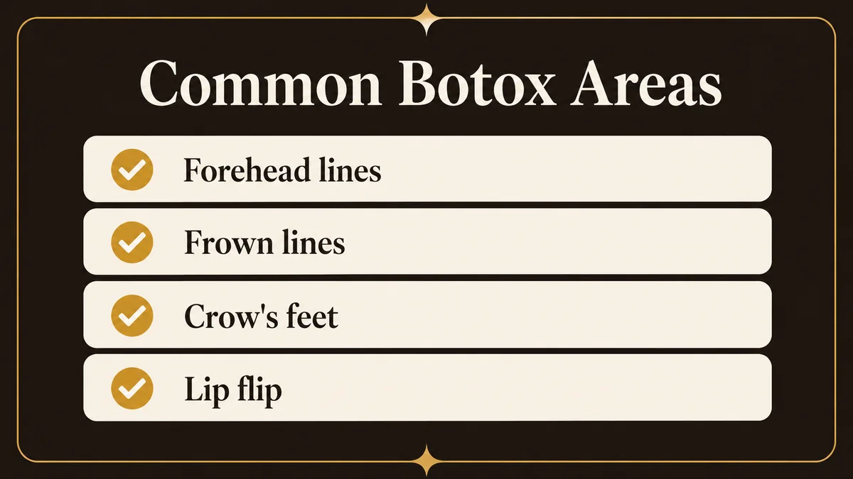Common Botox treatment areas: forehead lines, frown lines, crow's feet, and the lip flip
