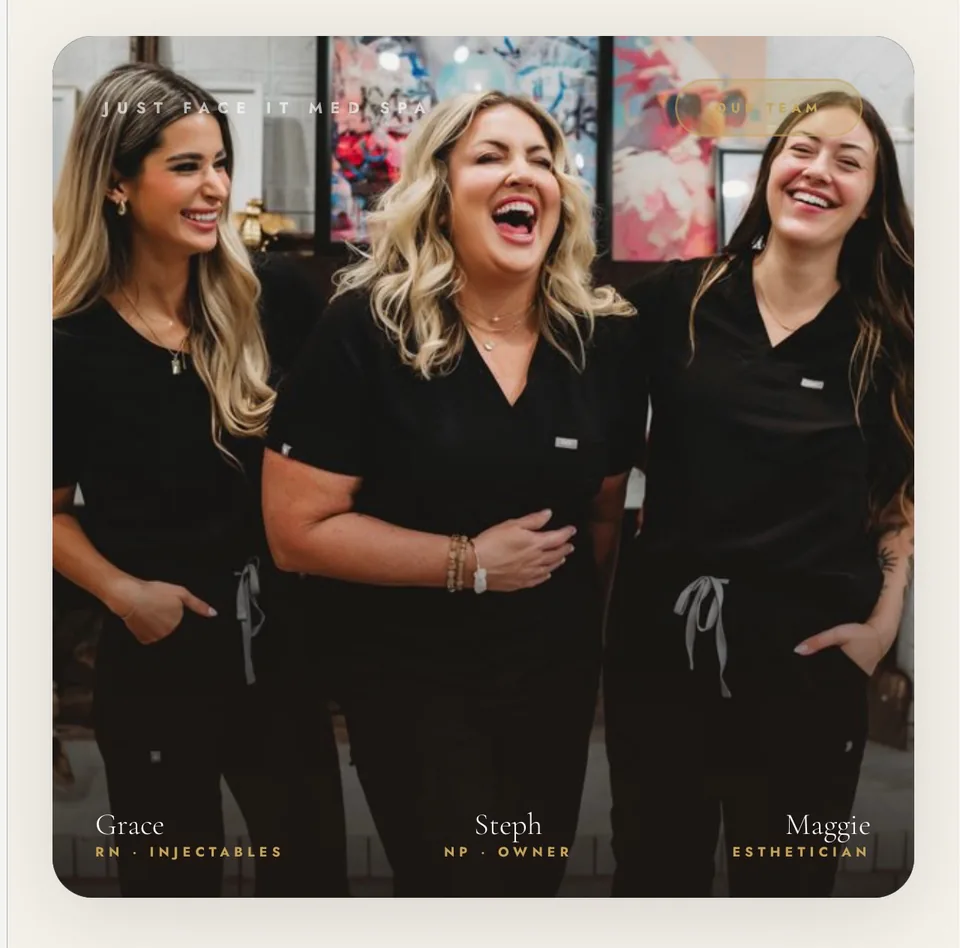 Grace, Steph and Maggie in black scrubs laughing in front of framed art, labelled with their names and roles (opens Instagram)