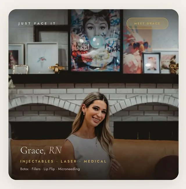Meet Grace card: the nurse smiling by the white brick fireplace, listing injectables, laser and medical (opens Instagram)