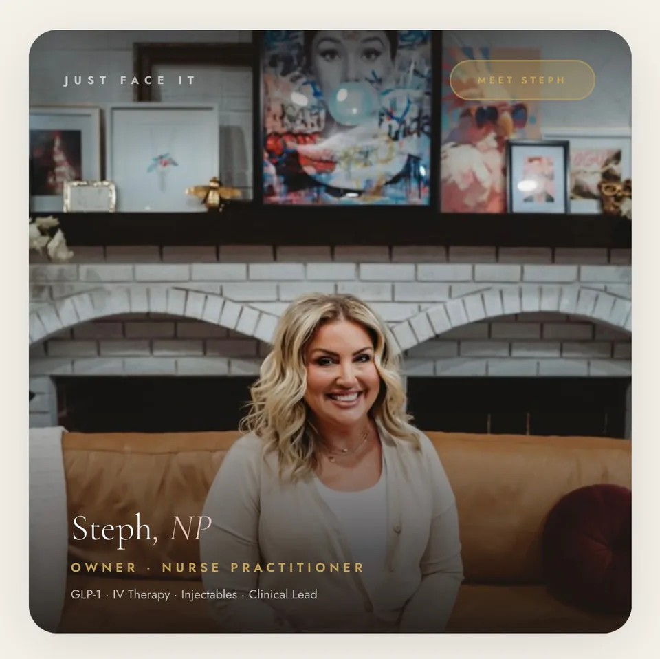 Meet Steph card: the owner and nurse practitioner smiling in a cream cardigan by the white brick fireplace (opens Instagram)