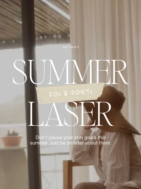 Summer laser dos and don'ts card over a sunlit patio photo of a woman in a straw hat (opens Instagram)