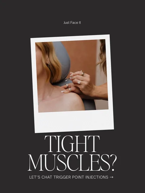 Tight muscles? card about trigger point injections, with a Polaroid of an injector treating a client's trapezius (opens Instagram)